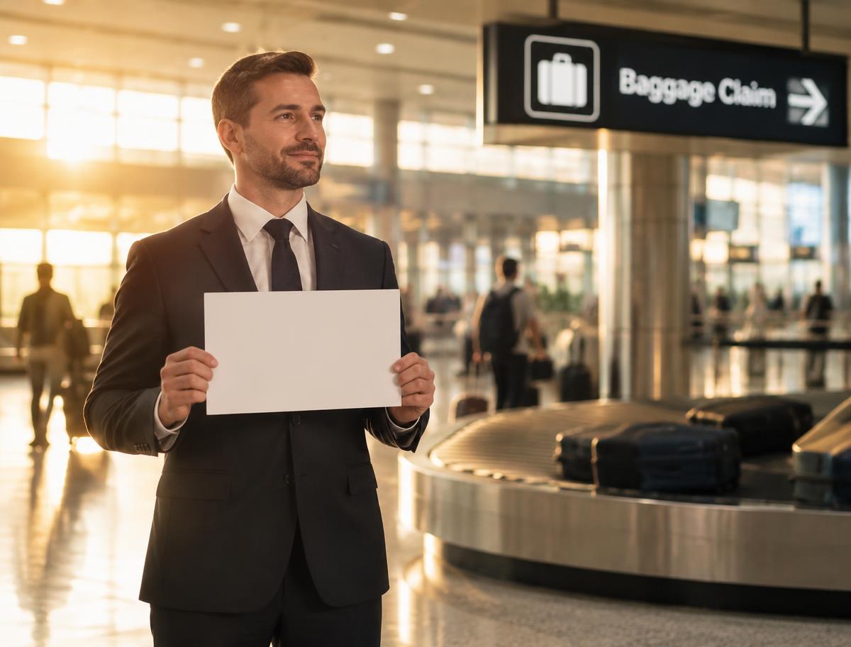Chauffeur in a dark suit waiting with a name sign at airport baggage claim
