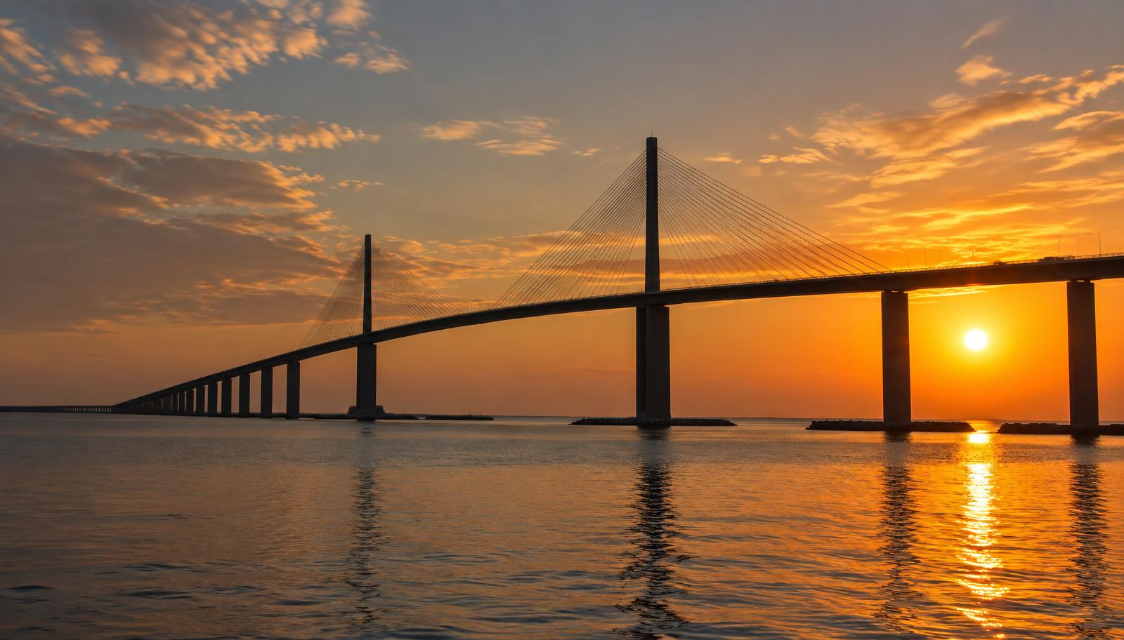 Sunshine Skyway Bridge over Tampa Bay at sunset