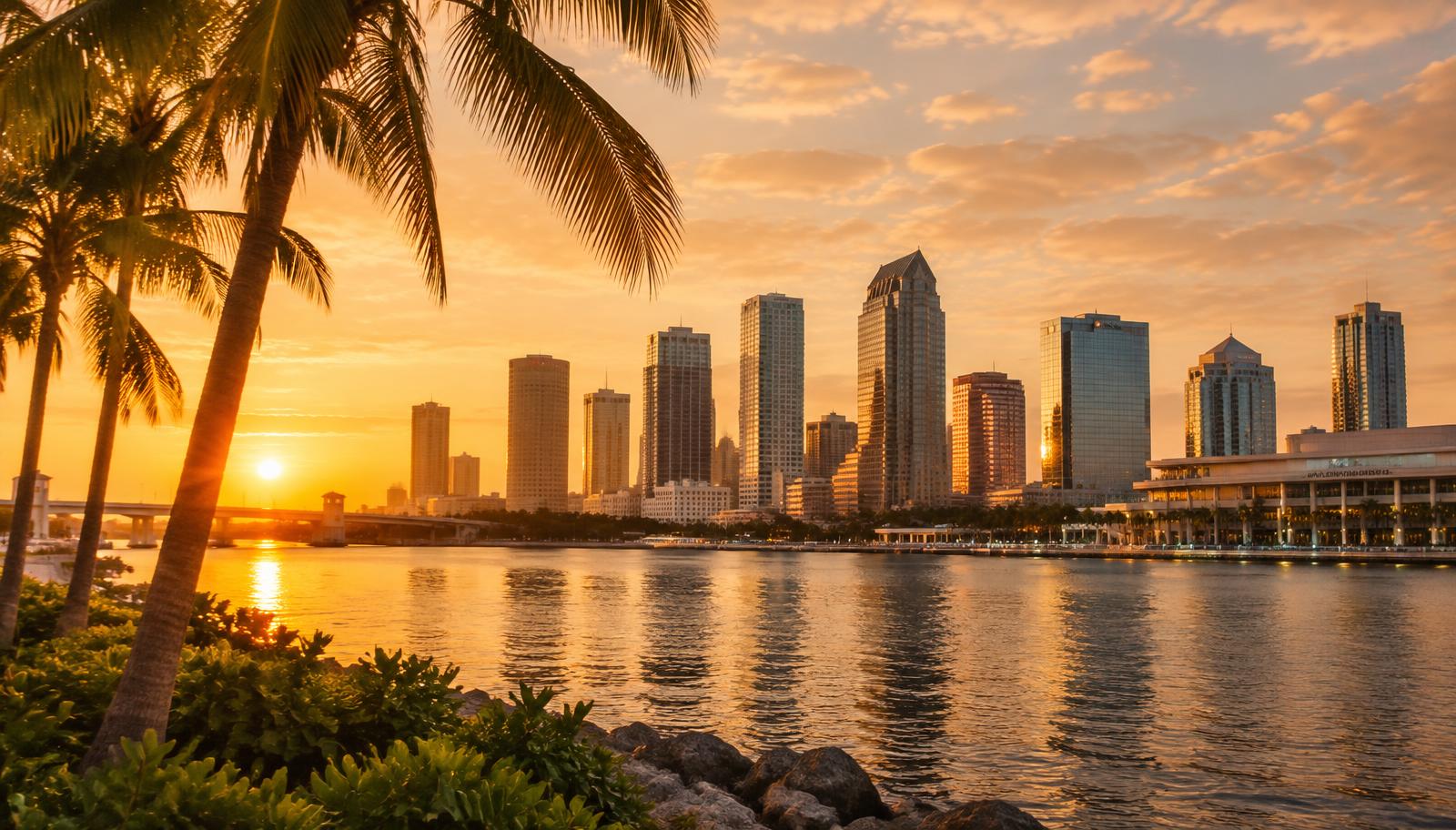 Downtown Tampa skyline at golden hour across the bay